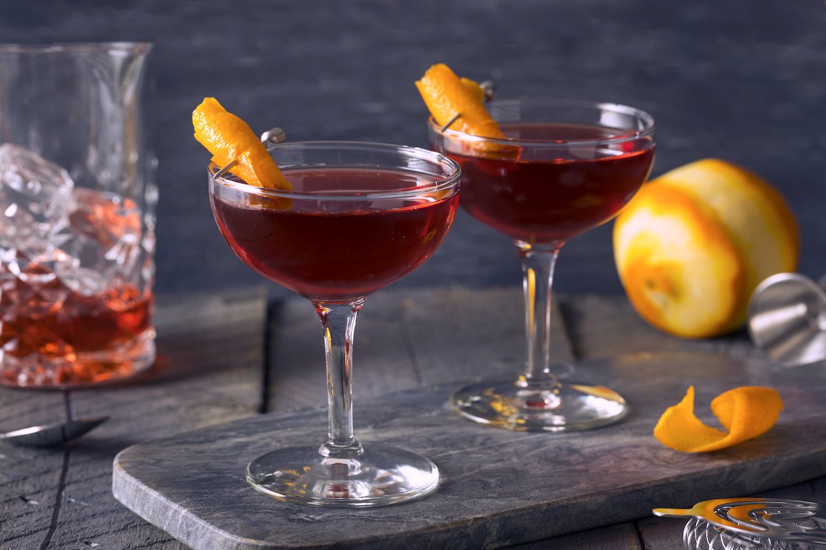 Boulevardier in coupe glass with orange