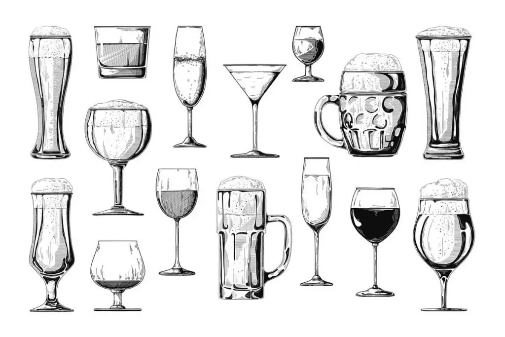 An assortment of illustrated cocktail glasses from cocktail hammer.