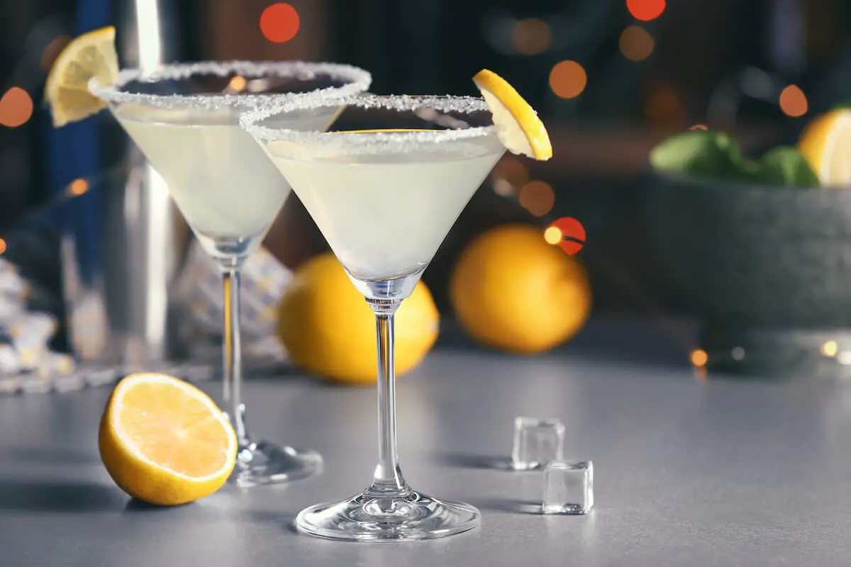 Two sugar rimmed lemon drop cocktail in martini glass