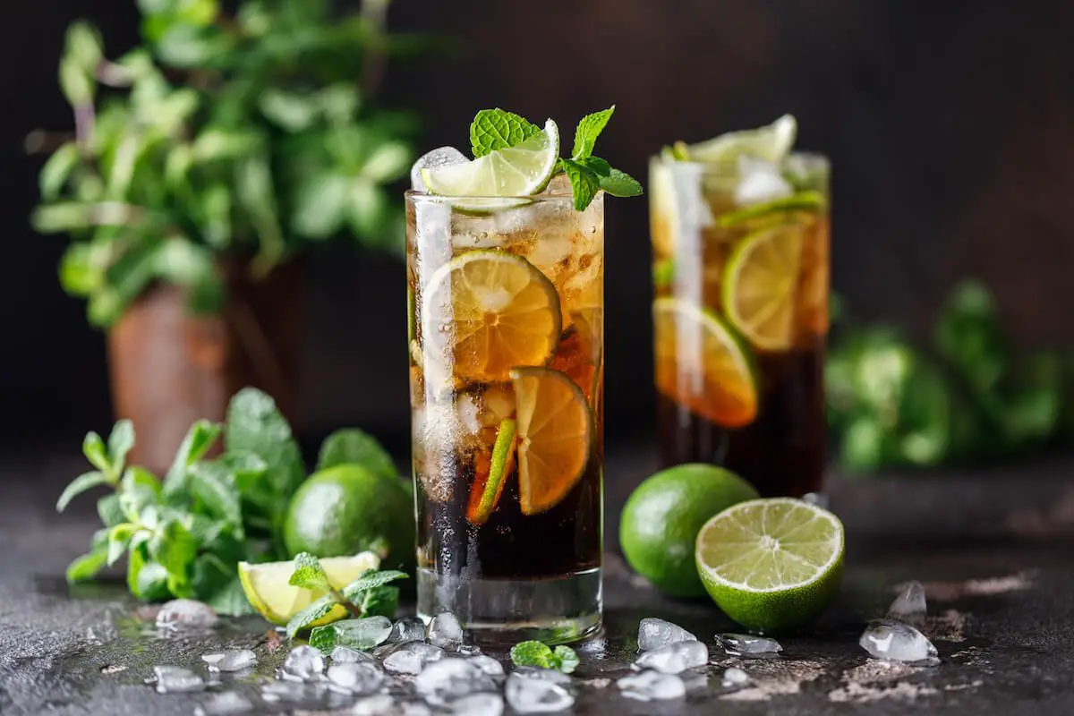 Two cuba libre cocktail drinks with lime wheel and mint and ice