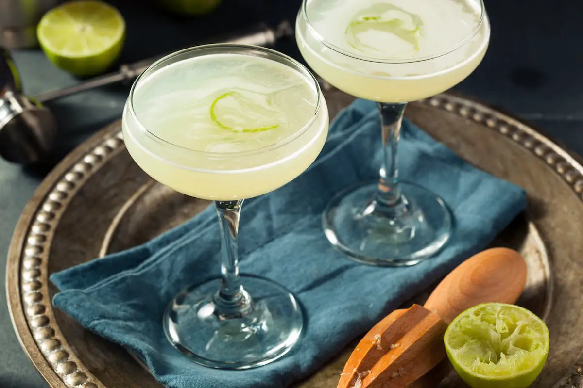 Two gimlet cocktails in coupe glasses with lime peel garnish.