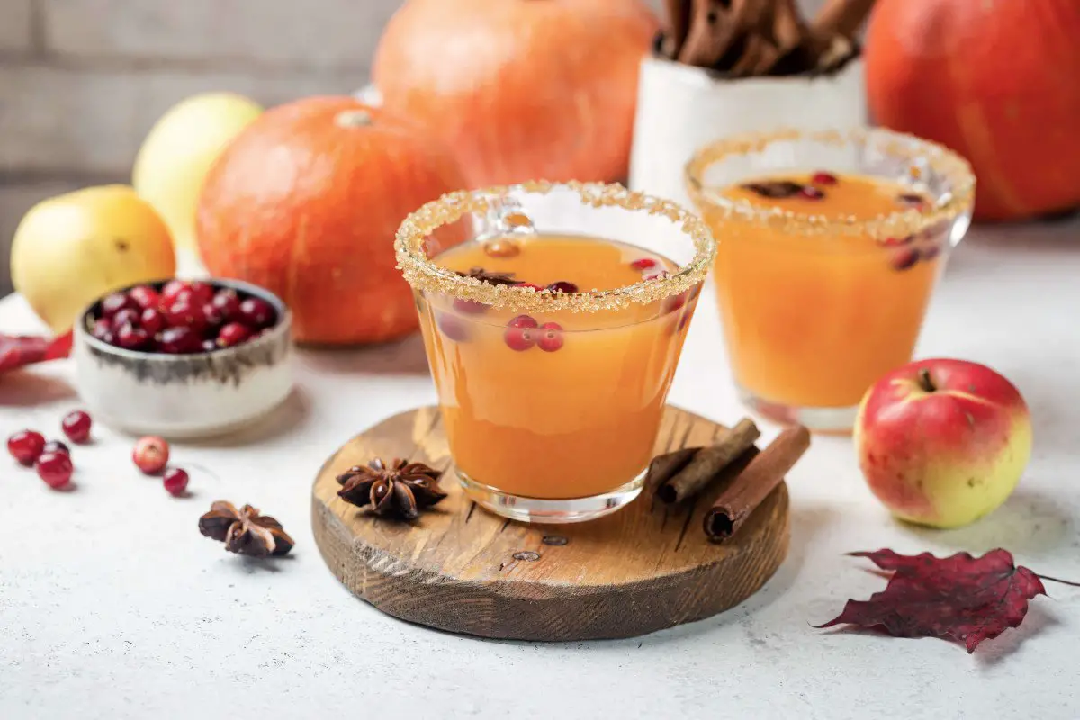Two fall cocktails with cinnamon and apple next to pumpkins