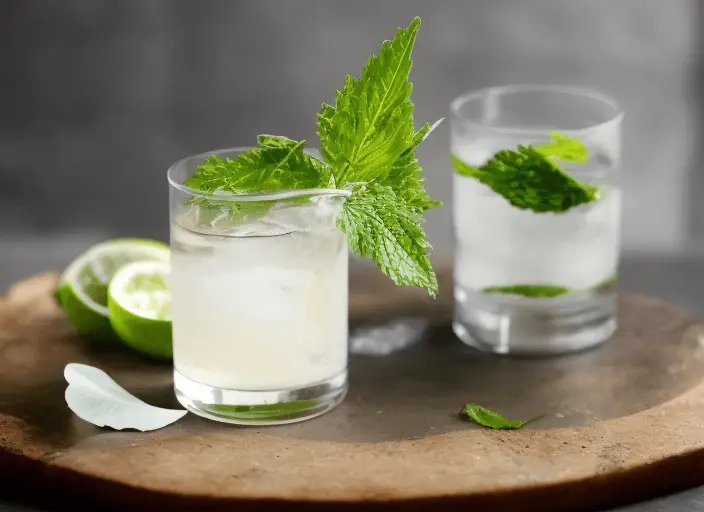 Yuzu gimlet | white cocktail with shiso leaf and lime wheel garnish | cocktail hammer
